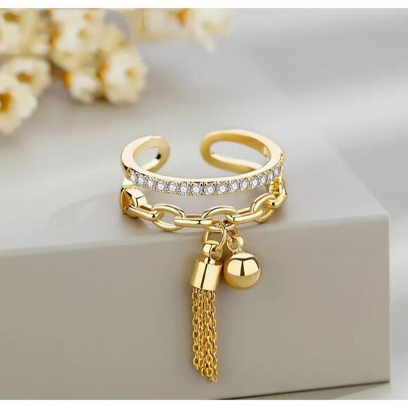 Gold Rhinestone Chain Tassel Adjustable Ring - Picture 1 of 3